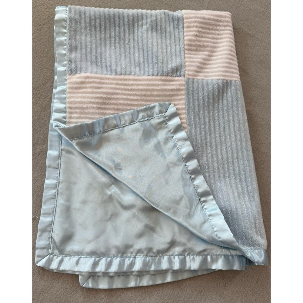 Baby Connection Blue White Patchwork Ribbed Blanket Satin Trim Lovey 30x40